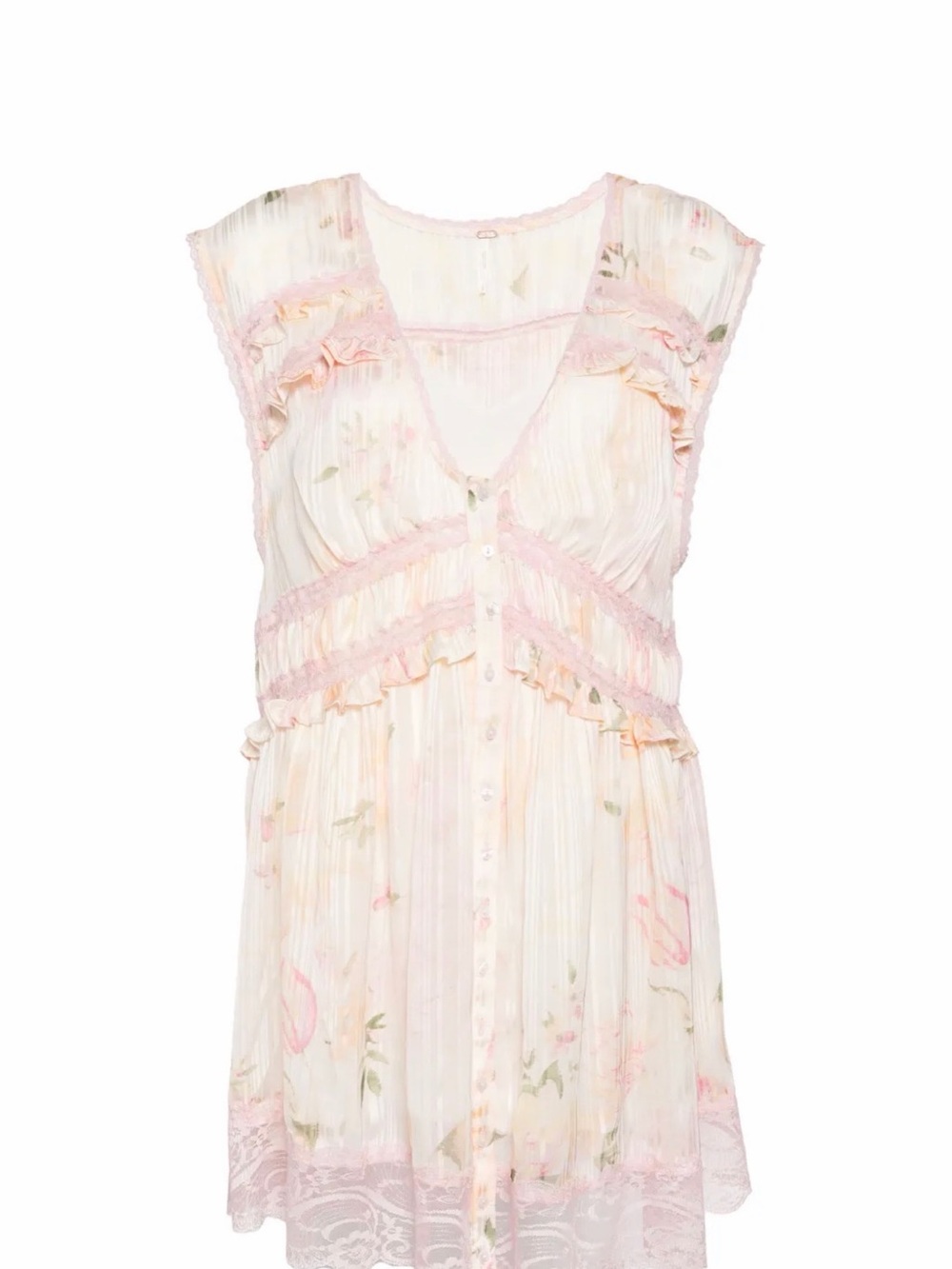 Free People Sheer Floral Pink & Cream Ruffle Button-Front Chemise